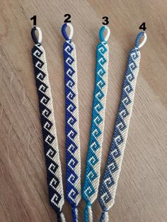 three different types of beaded lanyards on a wooden table with instructions for how to make them