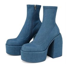 denim chunky boots boogzel apparel Hak Tinggi, Elastic Boots, High Heel Stiefel, Gothic Boots, Platform Boots Chunky, Boots Chunky, Patent Leather Boots, Zipper Heels, Denim Boots