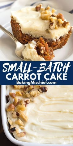 small batch carrot cake with cream cheese frosting and walnuts in the middle on a white plate