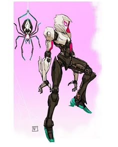 a drawing of a woman in futuristic garb with a spider on her back and legs