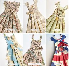 four different dresses made out of old newspapers and paper with bows on the neckline