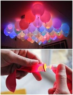 two pictures one with balloons and the other with string lights on it, both being held by someone's hand