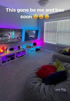 a living room filled with furniture and colorful lights