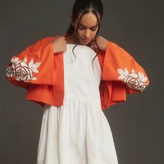 Anthropologie Linen Cropped Embroidered Top Kimono New With Tags Smoke Free Home No Pets In Closet Cotton, Linen Hand Wash Imported Linen Crops, Anthropologie Jacket, Anthropologie Top, Embroidered Jacket, Summer Evening, Embroidered Top, Orange White, Jacket Tops, Cotton Linen