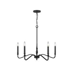 a black chandelier with five lights hanging from it's center and four arms