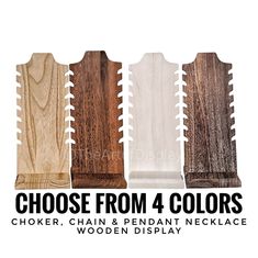 four different colors of wood with the words choose from 4 colors choker, chain & pendant necklace