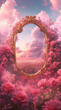 an oval mirror surrounded by pink flowers in the middle of a sky filled with clouds