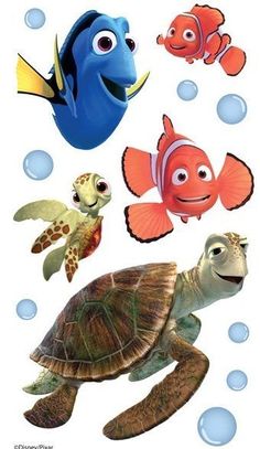 finding nemo and other sea animals stickers on a white background with blue bubbles