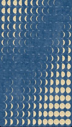 the phases of the moon are shown in blue and yellow colors, with white dots