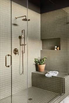 a bathroom with tiled walls and flooring next to a bathtub, shower head, and plant