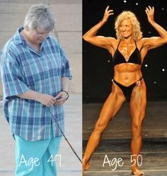 an older woman is showing off her body before and after she was over 50 years old