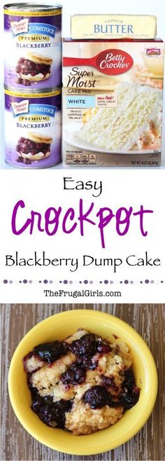 easy crockpot blackberry dump cake recipe in a yellow bowl next to the box