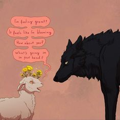 a black wolf and a white sheep are facing each other with thought bubbles above them