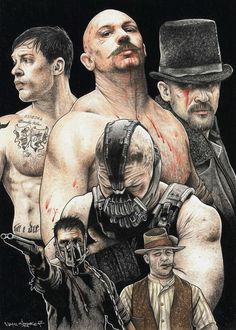 a drawing of three men with tattoos on their chests and one wearing a top hat