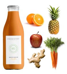 fresh start juice is shown next to an apple, carrots, ginger and orange