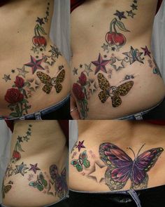 four pictures of the side of a woman's stomach with butterflies and flowers on it