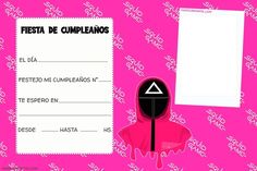 a pink card with a black mask on it next to a white sign that says fiesta de cumpleanos