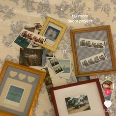 several pictures and frames on a bed with the words fall room decor project above them