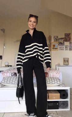 2023 Vest Outfit, Fall Outfit Neutral, Striped Quarter Zip Outfit, Black And White Stripe Top Outfit, Outfits For Large Chested Women, Oppenheimer Outfit Women, Workplace Outfits For Women, Irish Street Style, How To Style Oversized Sweaters