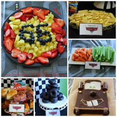 a collage of pictures with different foods and desserts on them, including fruit