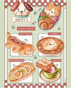 a poster with different types of food on it's sides, including breads and hot dogs