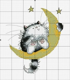 a cross stitch pattern with a cat sitting on the moon and holding two kittens