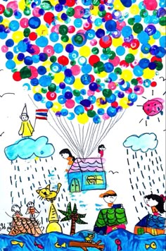 a drawing of people floating in the air with balloons