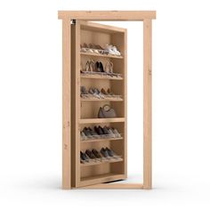 a wooden shoe rack with several pairs of shoes on top and bottom shelves in the middle