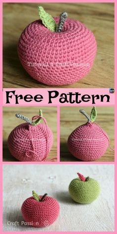 two crocheted apples are shown with the words free pattern on top and bottom