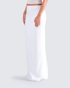 A white maxi skirt is a staple that everyone needs 🙌 With a simple and sleek design, this look is perfect for dressing up or down for any occasion. Made from a slinky jersey fabric, and complete with a mid-rise fit and ruching details 🤍 Evening Maxi Skirt With Stretch, Stretch Maxi Skirt For Evening, Evening Stretch Maxi Skirt, White Maxi Length Lined Skirt, White Lined Maxi Skirt, Elegant White Floor-length Maxi Skirt, Formal Floor-length Bottoms For Spring, White Stretch Maxi Dress, White Lined Maxi Dress