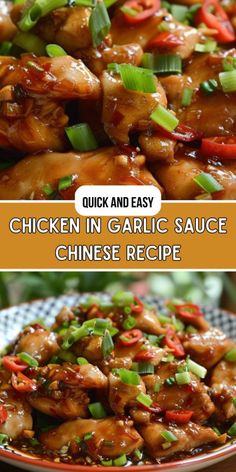 chicken in garlic sauce with green onions and carrots on the side, and an image of