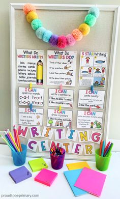 a bulletin board with writing and crafting materials