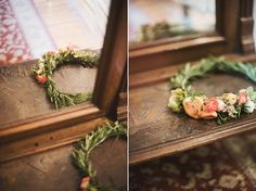 two pictures of wreaths sitting on top of a wooden table next to a mirror