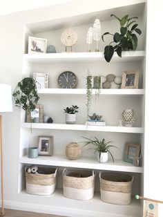 the shelves are filled with plants and other things in baskets on top of each shelf