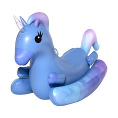 an inflatable blue unicorn laying down on its back with a horn and tail