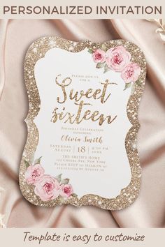 an elegant pink and gold sweet sixteen birthday party with roses on it, is shown