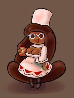 a teddy bear dressed in an apron and hat sitting on a chair holding a cup