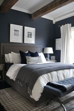 Bedroom Ideas For Men Blue And Grey Navy Bedrooms, Navy Blue Bedrooms, Blue Accent Walls, Blue Bedroom Decor, Moody Bedroom, Coastal Bedrooms, Coastal Bedroom, Gray Bedroom, Blue Bedroom