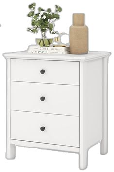 a white dresser with two drawers and a vase on top