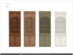 four different colored bookshelves with doors and shelves