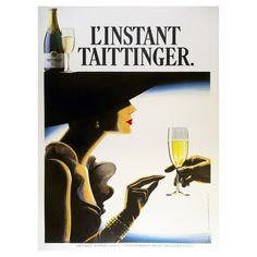 a woman holding a glass of wine and looking at her cell phone with the caption'l'instante tattinger '