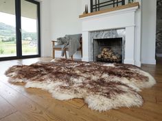 a living room with a fire place and a large rug on the floor in front of it