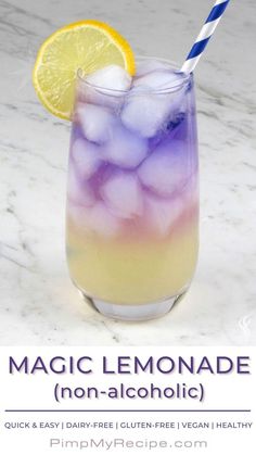 a drink with lemon and ice in it on a marble counter top next to the words magic lemonade non - alcoholic