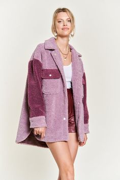 Colorblock sherpa jacket BERRY COMBO Jacket Outfit Snap, Cocktail Dress Formal, Curvy Swimwear, Summer Cardigan, Spring Sweater, Curvy Jeans, Curvy Dress, Sherpa Jacket, Cool Jackets