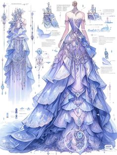 an illustrated drawing of a blue dress with many details on the skirt and bustle