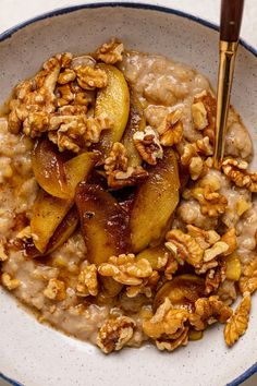 oatmeal with apples and walnuts in a bowl