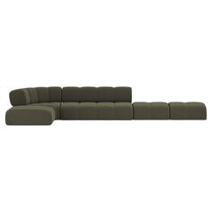 the modular sectional sofa is shown in olive green fabric, and has four seats on each side