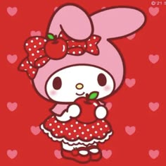 hello kitty with an apple in her hand and hearts around her neck on a red background