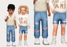 three children standing next to each other wearing ripped jeans and white shirts with words on them