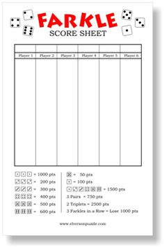 a printable score sheet with dices on it